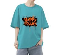 Camiseta básica fácil de llevar para mujer, camiseta de Halloween divertida de manga corta 2025, camisetas gráficas de moda para interiores y exteriores, deportes, trabajo o vida diaria, azul celeste