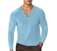 Camiseta básica para hombre, manga corta, corte holgado, cuello en V, camiseta de manga larga, cómoda, informal, ajustada, para gimnasio, fitness, camiseta térmica ligera, O Sky Blue, M