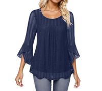 Camiseta básica para mujer con malla brillante y mangas revoloteadoras para un look informal y cómodo para el día a día, marine, XL