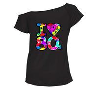 Camiseta básica retro para mujer, cuello sesgado, con texto en inglés "I Love The 80s", estilo shouder, Cara sonriente, color negro, 36-38