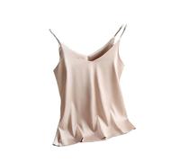 Camiseta básica sin mangas con tirantes delgados y cuello en V para mujer, camiseta de seda satinada de verano, caqui, S