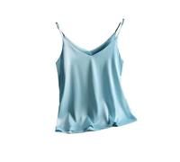 Camiseta básica sin mangas con tirantes delgados y cuello en V para mujer, camiseta de seda satinada de verano, azul, L