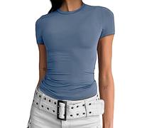 Camiseta Básica Slim Fit para Mujer Top Manga Corta Y2K Tops TikTok Influence Crop Top Club Party Streetwear(Light Blue-1, L)