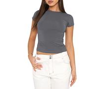 Camiseta Básica Slim Fit para Mujer Top Manga Corta Y2K Tops TikTok Influence Crop Top Club Party Streetwear(Gray-1, L)
