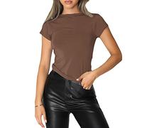 Camiseta Básica Slim Fit para Mujer Top Manga Corta Y2K Tops TikTok Influence Crop Top Club Party Streetwear(Brown-1, S)