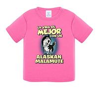Camiseta bebé la vida es mejor con un perro de raza Alaskan Malamute - Rosa, 2 años