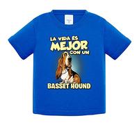 Camiseta bebé la vida es mejor con un perro de raza Basset Hound - Azul Royal, 1 año