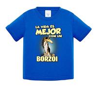 Camiseta bebé la vida es mejor con un perro de raza Borzoi blanco y negro - Azul Royal, 1 año