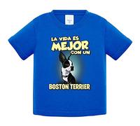 Camiseta bebé la vida es mejor con un perro de raza Boston Terrier - Azul Royal, 1 año