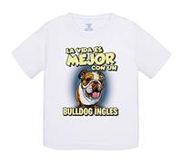 Camiseta bebé la vida es mejor con un perro de raza Bulldog inglés - Blanco, 2 años