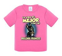 Camiseta bebé la vida es mejor con un perro de raza Bullodg francés negro - Rosa, 1 año