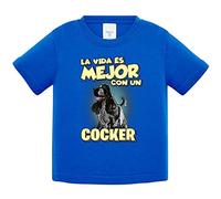 Camiseta bebé la vida es mejor con un perro de raza Cocker blanco y negro - Azul Royal, 1 año