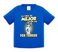 Camiseta bebé la vida es mejor con un perro de raza Fox Terrier - Azul Royal, 1 año