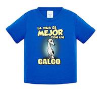 Camiseta bebé la vida es mejor con un perro de raza Galgo blanco y negro - Azul Royal, 1 año