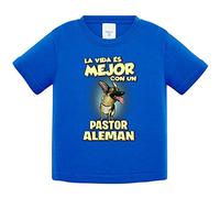 Camiseta bebé la vida es mejor con un perro de raza Pastor Alemán - Azul Royal, 1 año