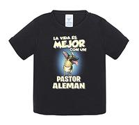 Camiseta bebé la vida es mejor con un perro de raza Pastor Alemán - Negro, 2 años