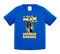 Camiseta bebé la vida es mejor con un perro de raza Springer Spaniel blanco y negro - Azul Royal, 2 años