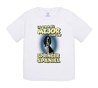 Camiseta bebé la vida es mejor con un perro de raza Springer Spaniel blanco y negro - Blanco, 1 año