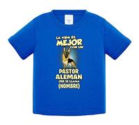 Camiseta bebé la vida es mejor con un perro mascota Pastor Alemán marrón y negro que se llama personalizable con nombre - Azul Royal, 1 año