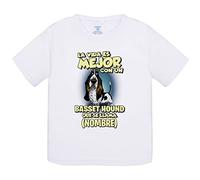 Camiseta bebé la vida es mejor con un perro raza Basset Hound blanco y negro que se llama personalizable con nombre - Blanco, 1 año