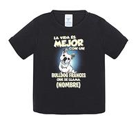 Camiseta bebé la vida es mejor con un perro raza Bulldog francés blanco que se llama personalizable con nombre - Negro, 1 año