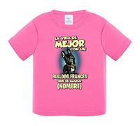 Camiseta bebé la vida es mejor con un perro raza Bulldog francés negro que se llama personalizable con nombre - Rosa, 1 año