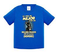 Camiseta bebé la vida es mejor con un perro raza Bulldog francés negro que se llama personalizable con nombre - Azul Royal, 2 años
