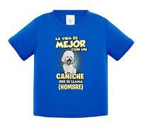 Camiseta bebé la vida es mejor con un perro raza Caniche blanco que se llama personalizable con nombre - Azul Royal, 2 años