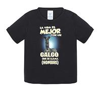 Camiseta bebé la vida es mejor con un perro raza Galgo atigrado que se llama personalizable con nombre - Negro, 1 año