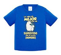 Camiseta bebé la vida es mejor con un perro raza Samoyedo que se llama personalizable con nombre - Azul Royal, 1 año