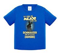Camiseta bebé la vida es mejor con un perro raza Schnauzer negro que se llama personalizable con nombre - Azul Royal, 2 años