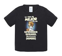Camiseta bebé la vida es mejor con un perro raza Springer Spaniel que se llama personalizable con nombre - Negro, 1 año
