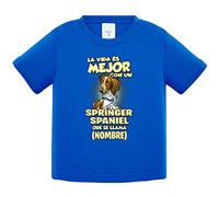 Camiseta bebé la vida es mejor con un perro raza Springer Spaniel que se llama personalizable con nombre - Azul Royal, 2 años