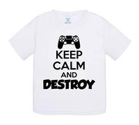 Camiseta bebé para gamers de la play frase Keep Calm And Destroy - Blanco, 2 años