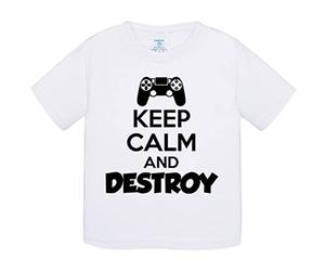 Camiseta bebé para gamers de la play frase Keep Calm And Destroy - Blanco, 2 años