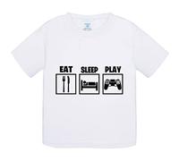 Camiseta bebé para gamers viciados de los videojuegos con frase Eat Sleep Play - Blanco, 1 año
