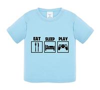 Camiseta bebé para gamers viciados de los videojuegos con frase Eat Sleep Play - Celeste, 1 año