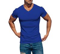 Camiseta blanca de algodón para hombre, camiseta blanca con cuello en V para hombre, camiseta informal de manga corta para gimnasio, atlética, moderna, camiseta de entrenamiento y culturismo, azul