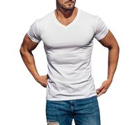 Camiseta blanca de algodón para hombre, camiseta blanca con cuello en V para hombre, camiseta informal de manga corta para gimnasio, atlética, moderna, camiseta de entrenamiento y culturismo, blanco