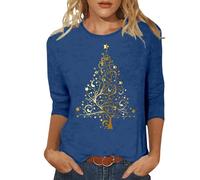 Camiseta blanca elegante para mujer, diseño de árbol de Navidad, manga 3/4, cuello redondo, azul, XXL