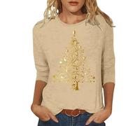 Camiseta blanca elegante para mujer, diseño de árbol de Navidad, manga 3/4, cuello redondo, beige, L