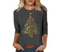 Camiseta blanca elegante para mujer, diseño de árbol de Navidad, manga 3/4, cuello redondo, gris, XXL