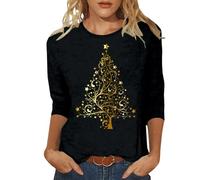 Camiseta blanca elegante para mujer, diseño de árbol de Navidad, manga 3/4, cuello redondo, Negro , L