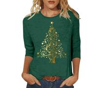 Camiseta blanca elegante para mujer, diseño de árbol de Navidad, manga 3/4, cuello redondo, verde, 3XL