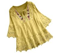 Camiseta Blanca Mujer,Blusas de con Cuello en V y de Retazos de Encaje para Mujer Camiseta Superior Camisetas Despedida Soltera Mujer (Yellow, XXL).