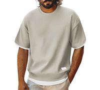 Camiseta blanca para hombre, camiseta blanca con cuello redondo, manga corta, verano, dos piezas, suelta, talla grande, estilo fino, mangas cinco cuartos, beige, XX-Large