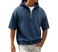 Camiseta blanca para hombre, camiseta con capucha y cremallera de un cuarto, sudadera de manga larga, lavada al ácido, desgastada, con bolsillo, azul oscuro, 4XL