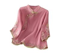 Camiseta bohemia de manga 3/4 para mujer, cuello alto, cierre lateral, blusa bordada floral, ajuste holgado, camiseta larga para verano, uso diario de vacaciones, hot pink, XXL