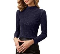 Camiseta Brillante Mujer-Top Dorado,Top De Cuello Alto con Capas De Hilo Brillante De Malla De Corte Entallado A La Moda para Uso Informal (Blue, XL)