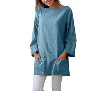Camiseta casual de lino con cuello barco, manga larga, holgada, color liso, blusa larga con bolsillos, azul claro, S